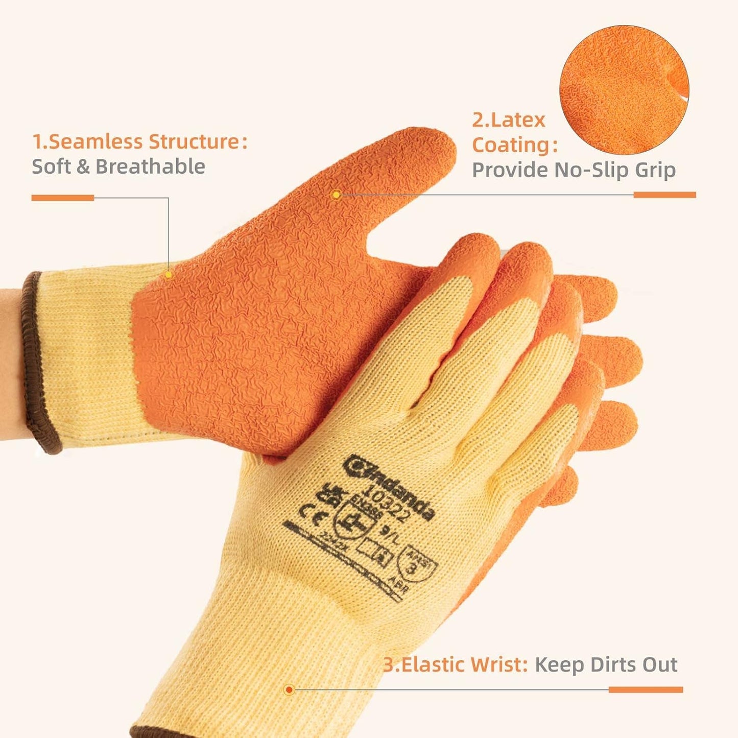 ANDANDA 1/3/12 Pairs Safety Work Gloves, Seamless Knit Work Gloves with Latex Coated Suitable for Men & Women, Orange