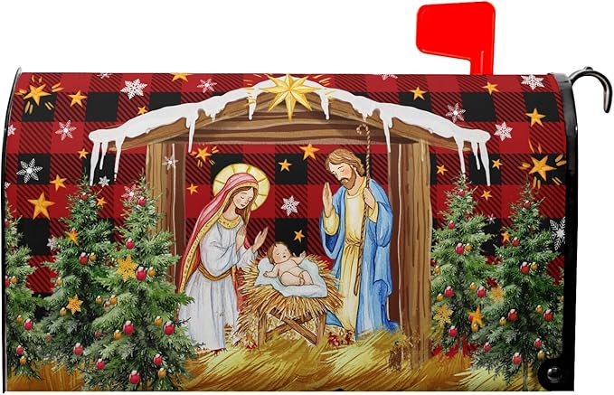 Christma Jesus Nativity Mailbox Cover Magnetic Standard Size 21" X 18" Xmas Holly Night Letter Post Wraps Religious Christian Jesus Red Buffalo Plaid Decorative Postbox Covers for Home Garden Yard