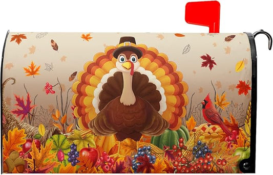 Thanksgiving Turkey Mailbox Covers Magnetic Standard Size 21" X 18" Fall Harvest Fruit Letter Post Wraps Cardinal Maple Leaves Decorative Holiday Postbox Covers for Home Outdoor Garden Yard