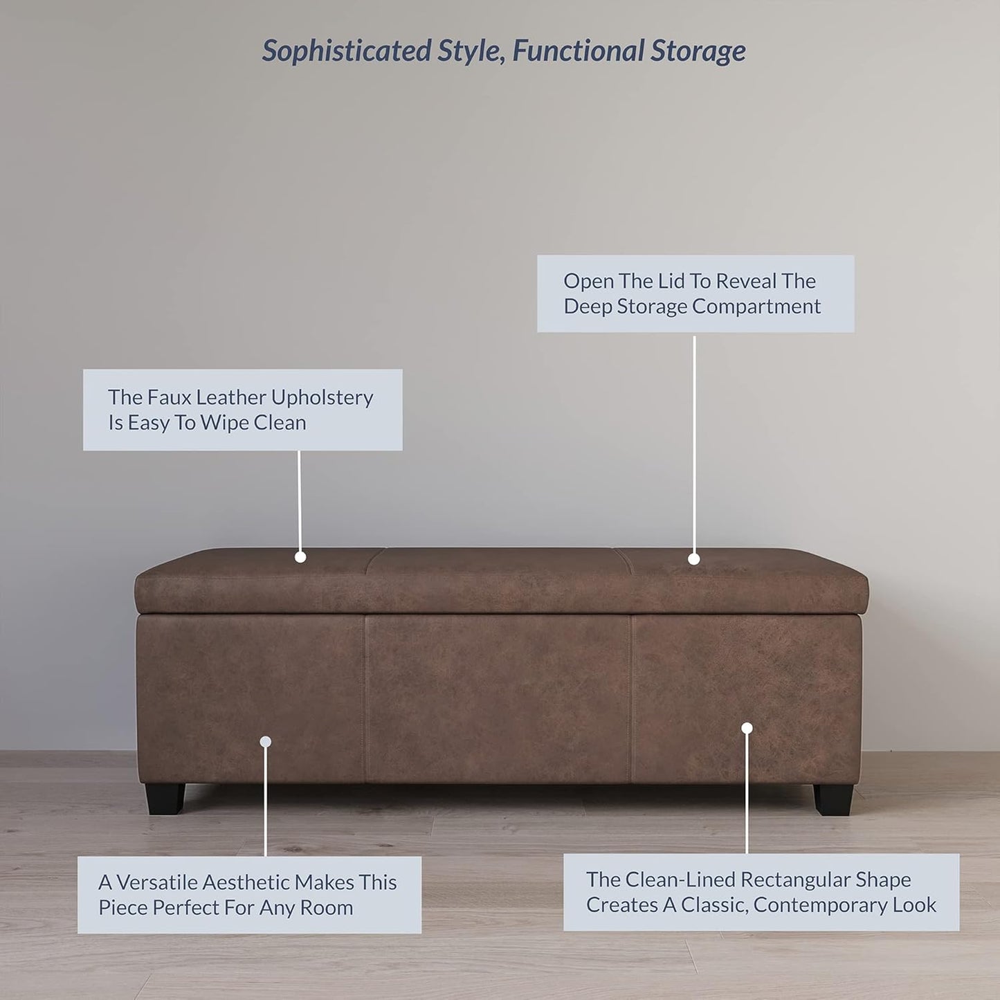 BELLEZE Storage Faux Leather Ottoman, 47 Inch Bench Bedroom Bench with Safety Close Hinge, Extra Long Ottoman with Storage for Living Room, Entryway, Foot Rest, Support 300lbs - Rustic Brown