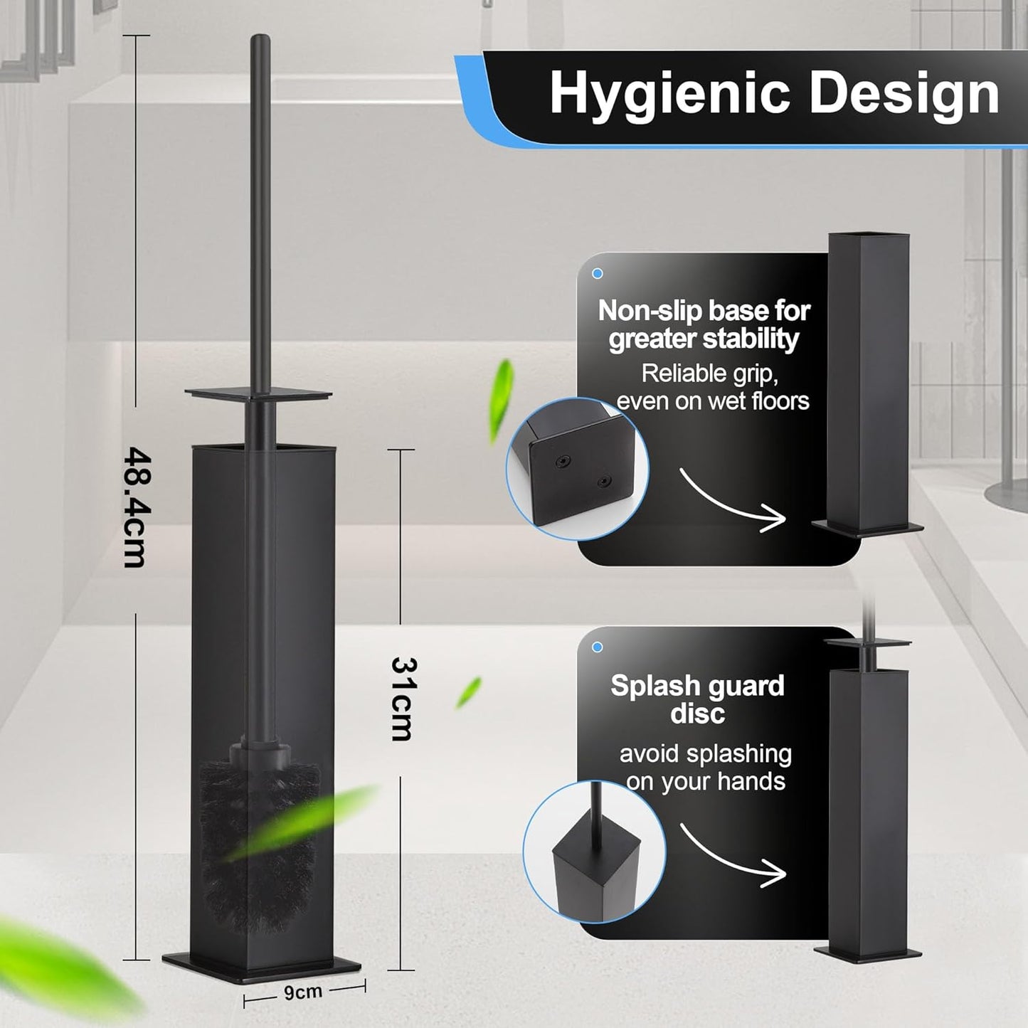 BVL Toilet Brush and Holder Set Black Stainless Steel 304 Square Freestanding Toilet Brush for Bathroom