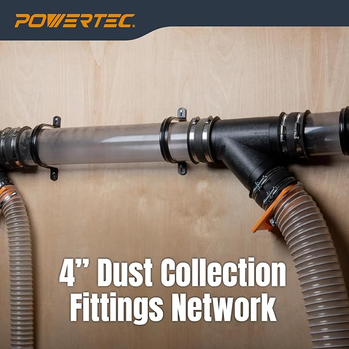 POWERTEC Clear PVC Pipe 4" x 36" Long, 1PK Plastic Tubing and 5PK Pipe Straps w/Anchors & Screws Compatible w/Dust Collection Fittings - Hose for Woodworking Tools (70401V)