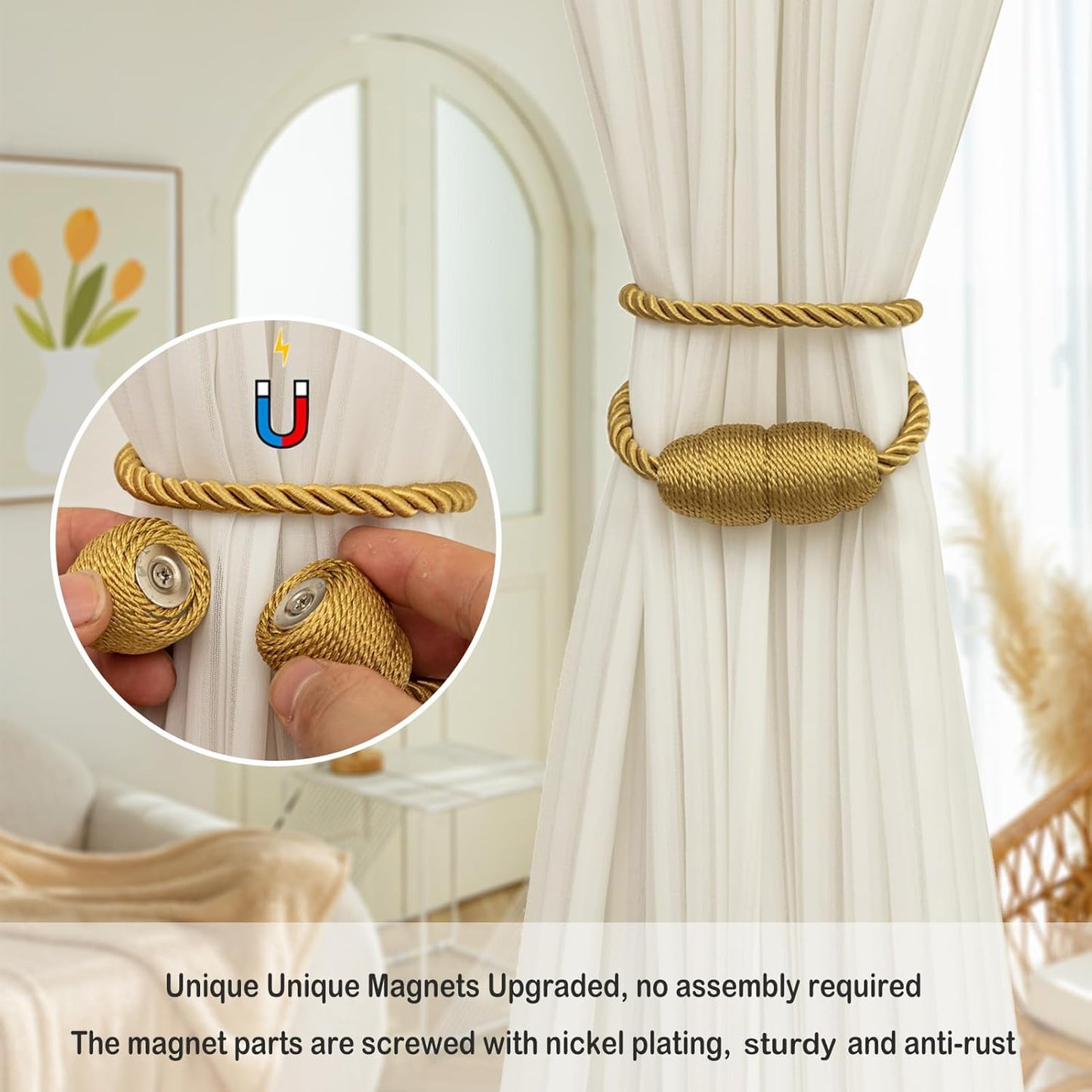 Magnetic Curtain Tiebacks Rope Curtain Tie Backs for Curtains 2 Pack Curtain Holders for Drapes Decorative Window Curtain Holdbacks, Gold