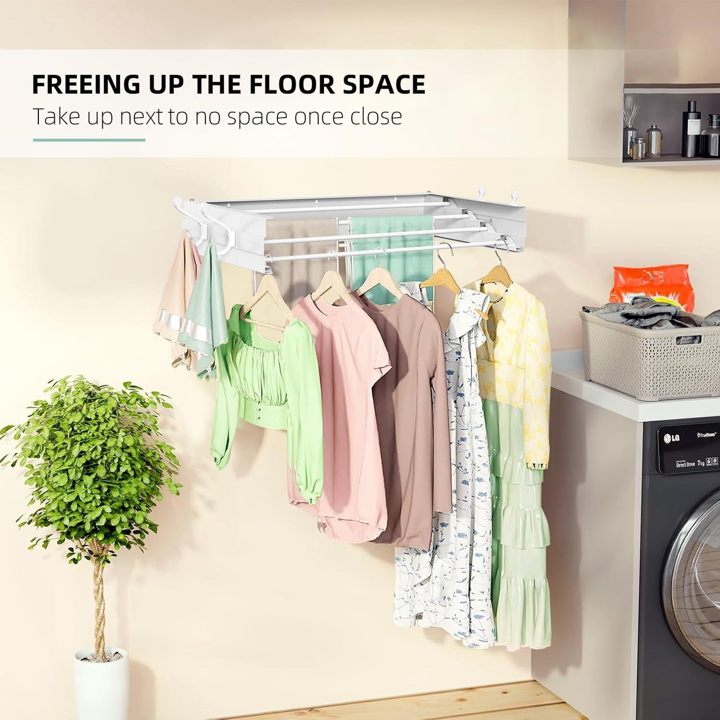 Laundry Drying Rack, Collapsible Wall Mounted Clothes Drying Rack - Foldable,Space Saving, 13.2 Linear Ft, 4 Aluminum Rods, 60 lb Capacity (White, 23.6" Wide)