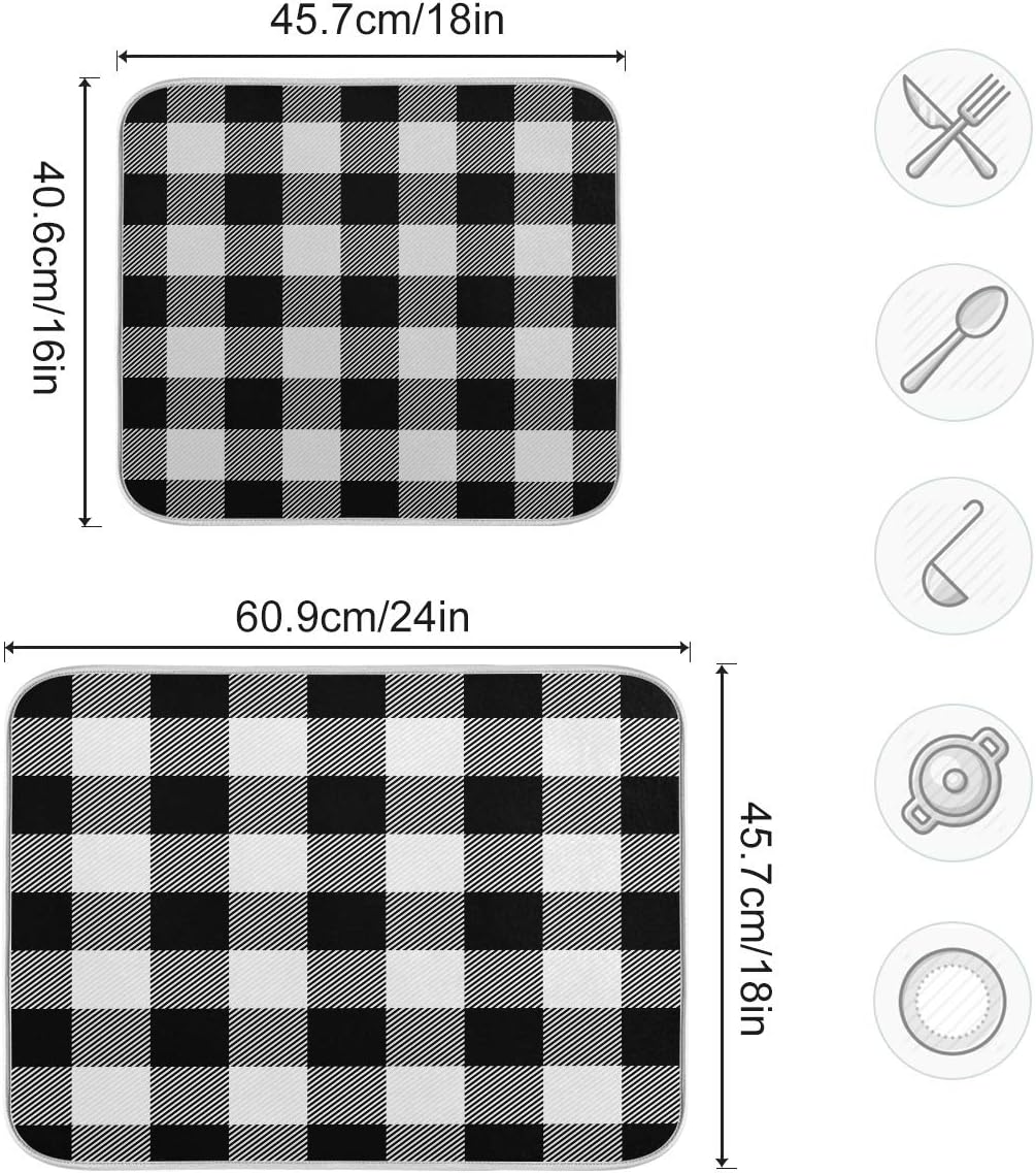 White and Black Buffalo Plaid Dish Drying Mat 16x18 for Kitchen Classic Buffalo Check Dishes Pad Dish Drainer Rack Mats Absorbent Fast Dry Kitchen Accessories