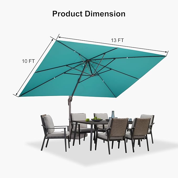 PURPLE LEAF 10' X 13' Patio Cantilever Umbrella Rectangle Umbrella Outdoor with Aluminum Offset Hanging and 360° Rotation for Pool Garden Deck Patio, Turquoise