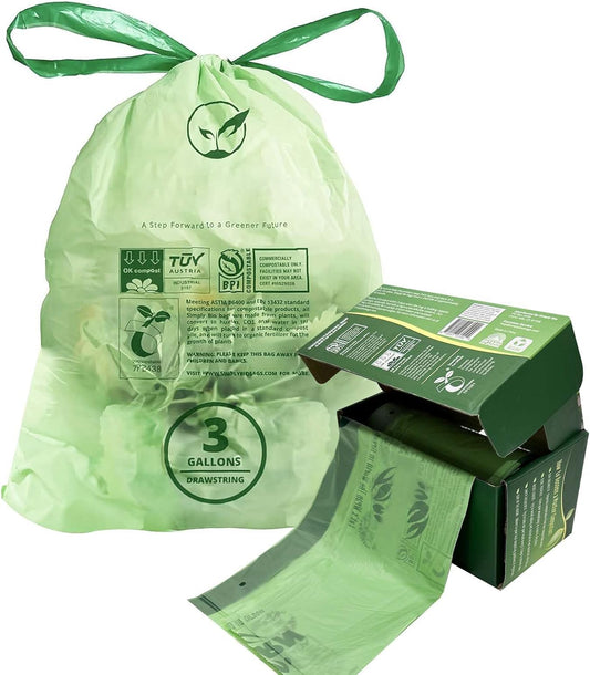 3 Gallon Compostable Trash Bags Drawstring, Heavy Duty Extra Thick 1 Mil, 11.36 Liter, 50 Bags, Small Kitchen Food Scrap Waste Bag, ASTM D6400, US BPI and OK Compost Home Certified
