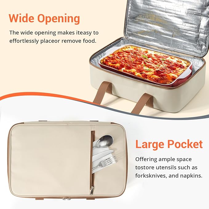 Insulated Casserole Carrier for Hot or Cold Food,Pie Carrier Bag Lunch Tote for Potluck Parties/Picnic/Cookouts, Fits 9"x13" Baking Dish,Single Beige
