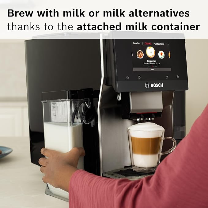 Bosch 800 Series Fully Automatic Espresso and Coffee Machine – 36 Drinks with Coffee World, Cold Brew, Double Cup, Integrated Milk Container, Smart Features, in Silver TQU60307