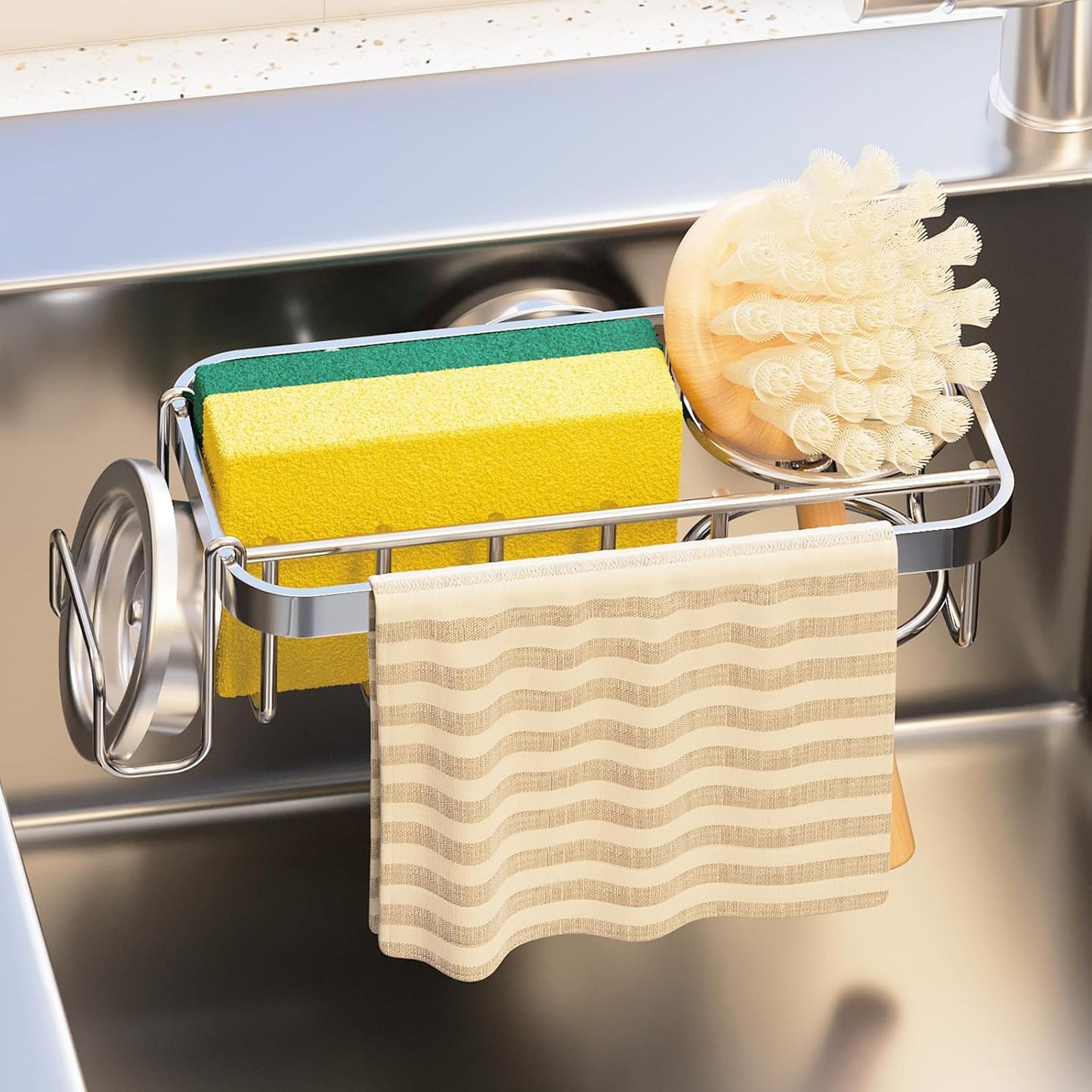 TAILI 4-in-1 Sponge Holder for Kitchen Sink with Strong Suction Cup Removable, Rustproof Aluminum Sink Caddy for Sponge, Brush, Scrubber, Scraper -Silver