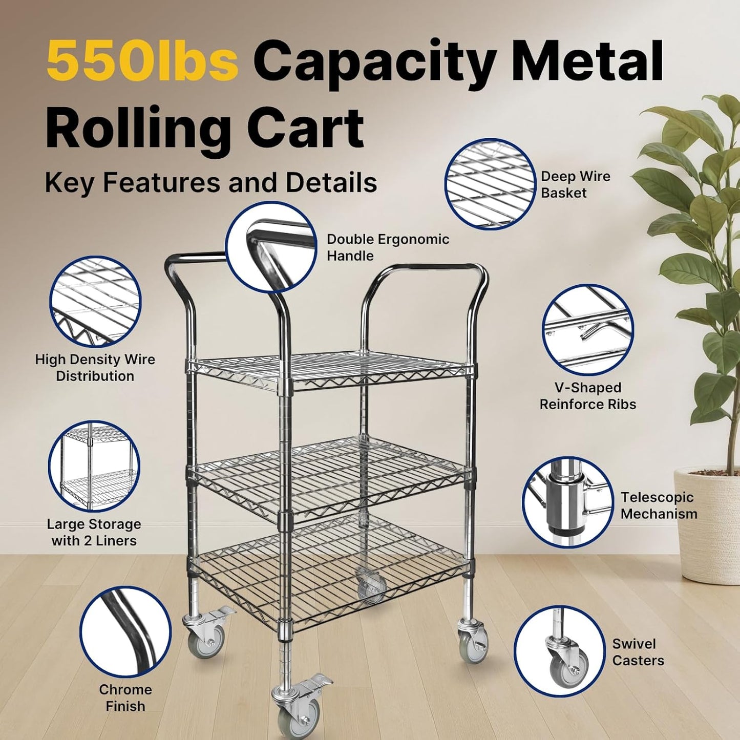 Northsky 3-Shelf Wire Utility Cart on Wheels, Chrome Finish Rolling Metal Shelving with Wheels, 550lb Capacity, 24" x 18" x 44.1", 3 Tier Rolling Cart for Kitchen Bar Storage Use