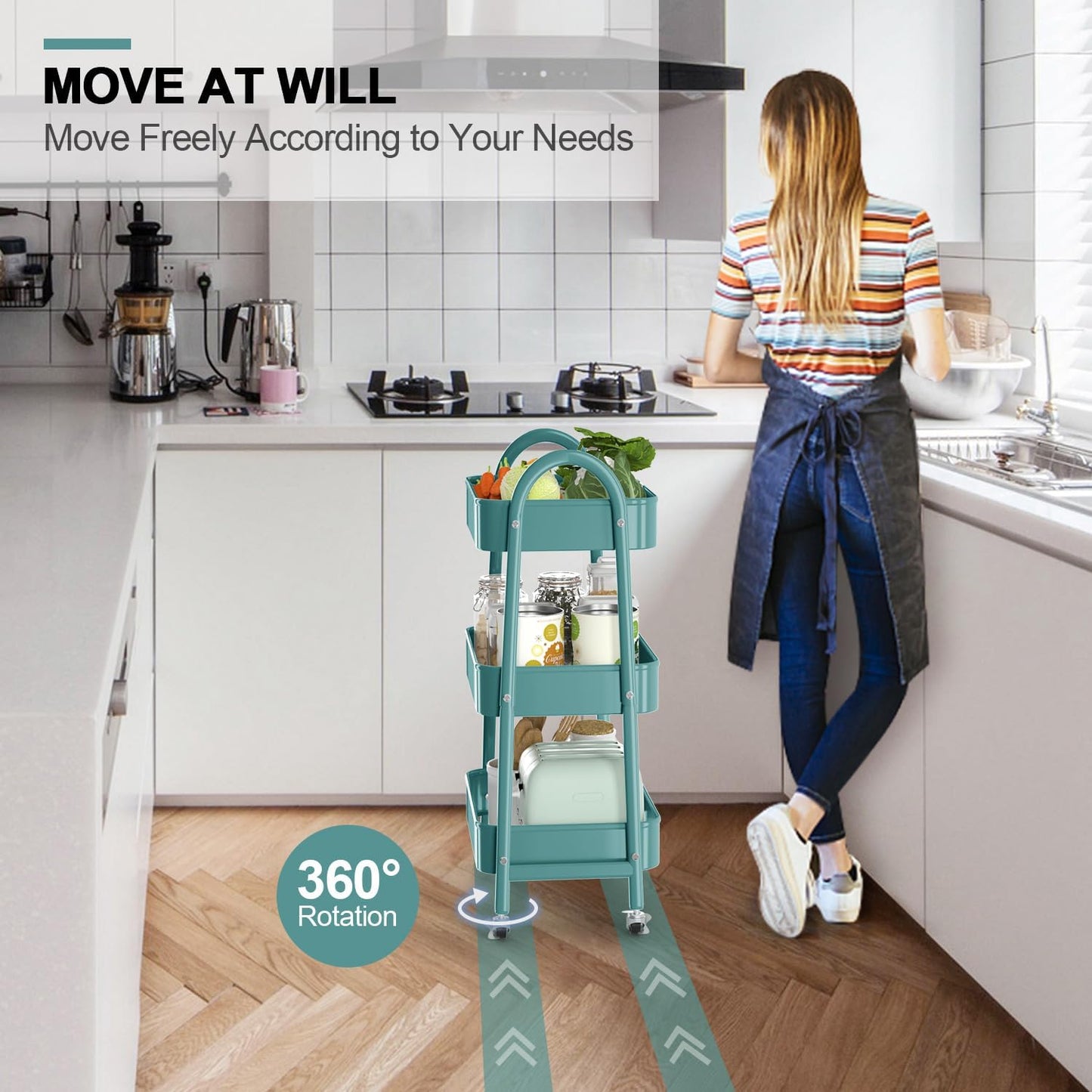 EAGMAK 3 Tier Utility Rolling Cart, Metal Storage Cart with Handle and Lockable Wheels, Multifunctional Storage Organizer Trolley with Mesh Baskets for Kitchen, Living Room, Office, Garage (Green)