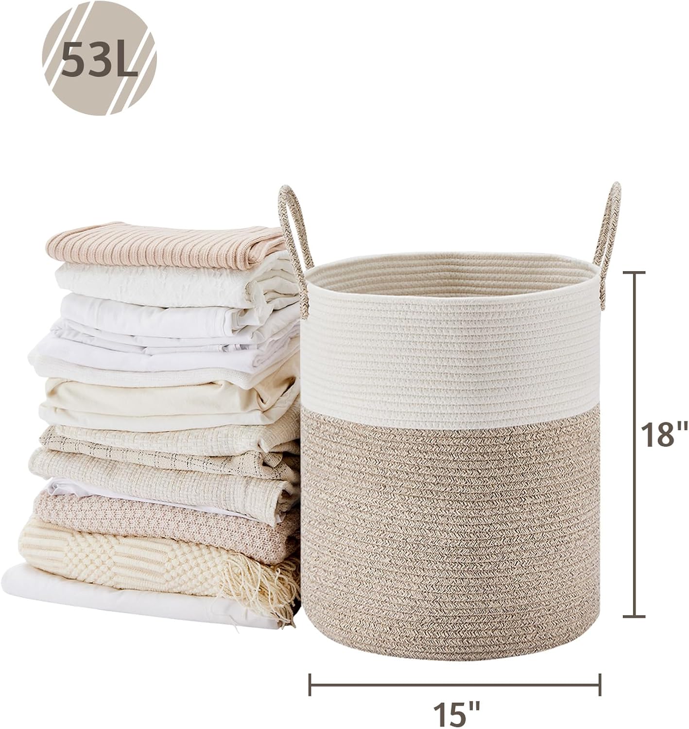 VIPOSCO Large Laundry Hamper, Tall Woven Rope Storage Basket for Blanket, Toys, Dirty Clothes in Living Room, Bathroom, Bedroom - 53L White & Brown