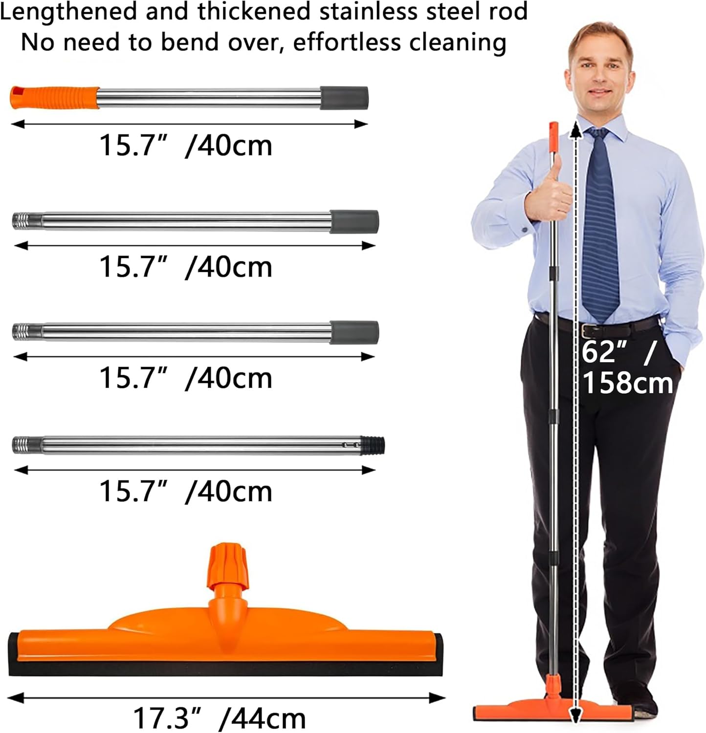 Floor Squeegee Scrubber, 17'' Heavy Duty Household Broom EVA Foam Blade Rubber Wiper Squeegee for Concrete Floor Garage Shower Bathroom Tile Scrubber 60'' Long Handle Multifunction Magic Broom(Orange)