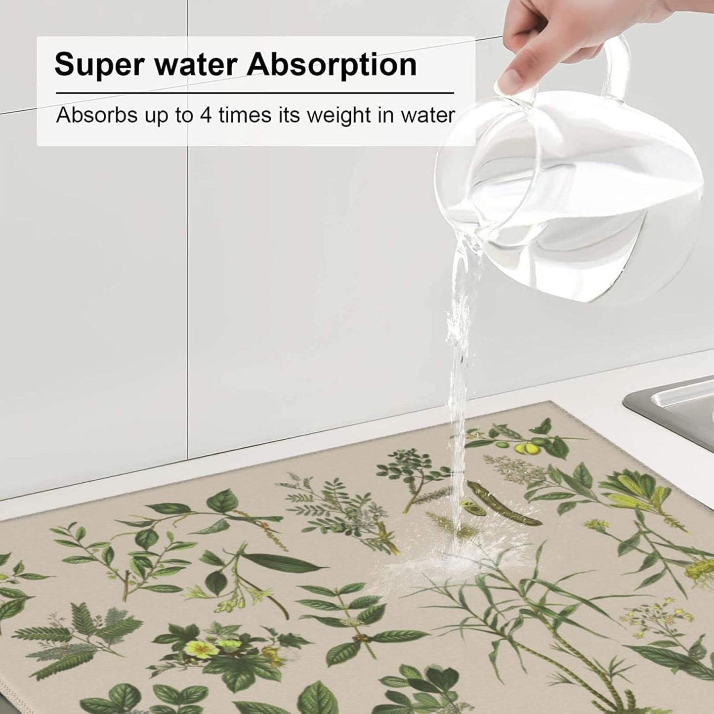 Vintage Plants Herbs Floral Color Microfiber Dish Drying Mat For Kitchen Countertop Absorbent Reversible Drainer Rack Pad 18 X 16 Inch