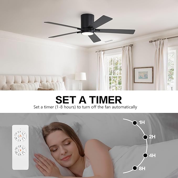 WINGBO 52" DC Flush Mount Ceiling Fan with Lights, 6-Speed Reversible DC Motor, 3CCT, Low Profile Hugger Ceiling Fan for Living Room Bedroom Kitchen, Black Finish and Black/Walnut Blades