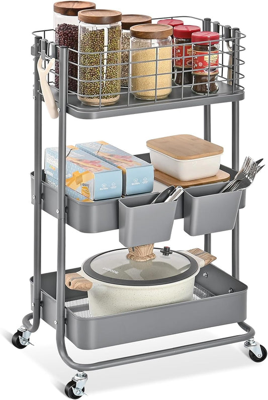 KINGRACK 3 Tier Metal Rolling Cart, Kitchen Organizers and Storage, Slim Storage Cart on Wheels, Laundry Room Organization, Diaper Cart Shelving Unit for Bathroom, Office, Bedroom, Grey