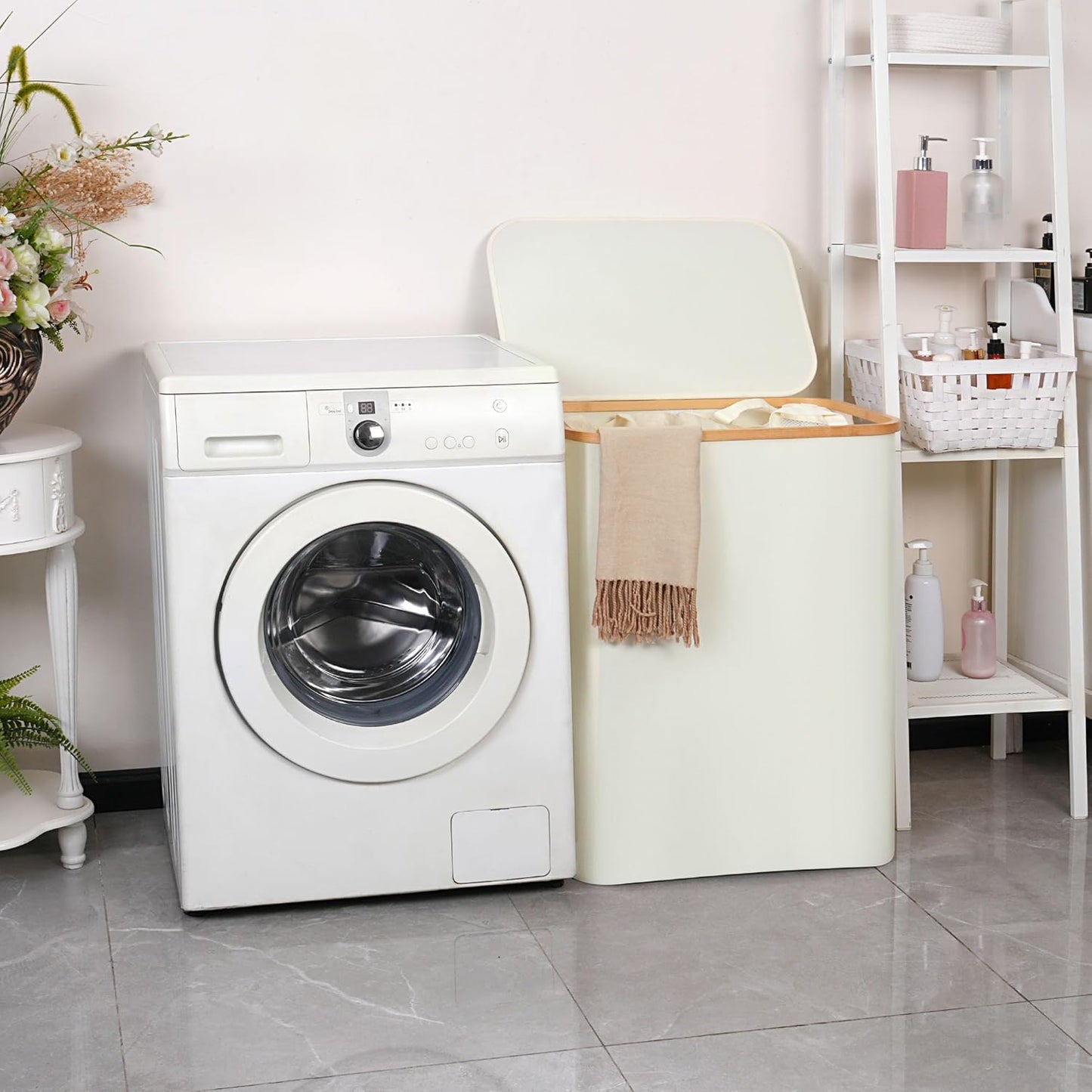 efluky Laundry Hamper with Lid, 160L Tall Laundry Basket with Bamboo Handles for Clothes and Toys, Collapsible Laundry Hamper with 2 Inner Bags for Bedroom and Bathroom, Beige