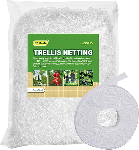 All-Weather Trellis Netting Mesh Plant Garden Vine Growing Flexible String Net (6" Mesh ployester, 5' Wx 15'L)