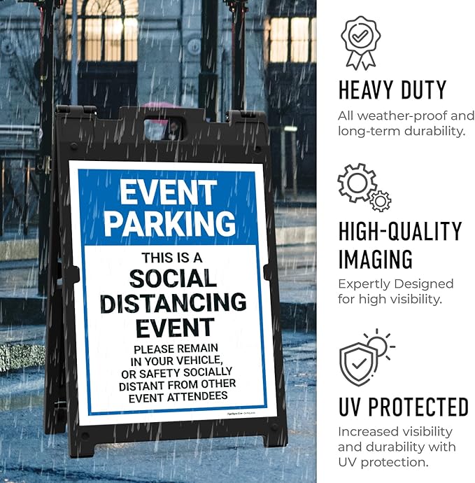 Event Parking Social Distancing Event Please Remain in Vehicle Sidewalk Sign Kit, 18x24 Inches, with A Frame Stand, Made in USA