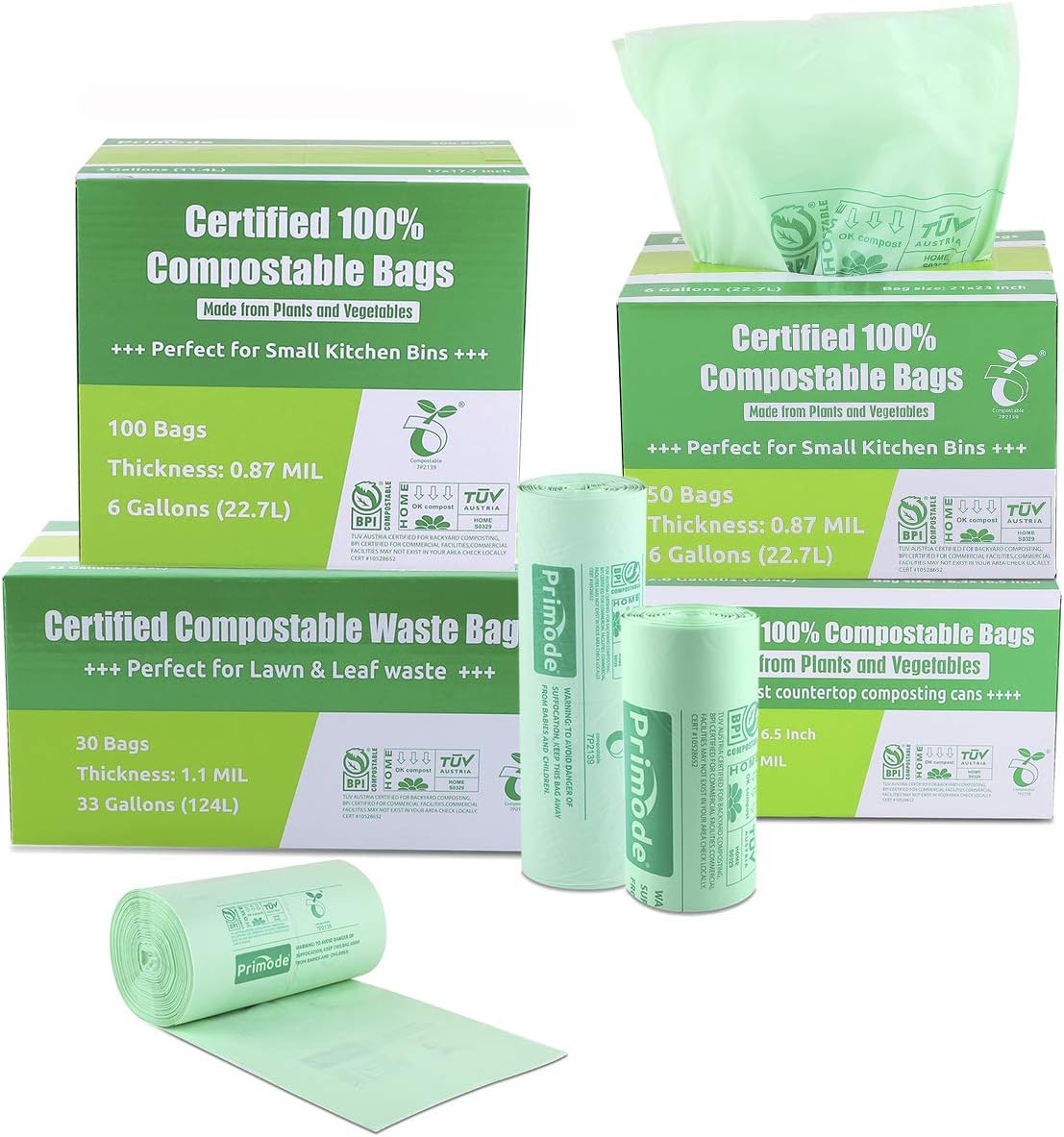Primode Compostable Bags 6 Gallon Food Scraps Yard Waste Bags, 50 Count, Extra Thick 0.87 Mil. ASTMD6400 Compost Bags Small Kitchen Trash Bags, Certified By BPI And TÜV AUSTRIA