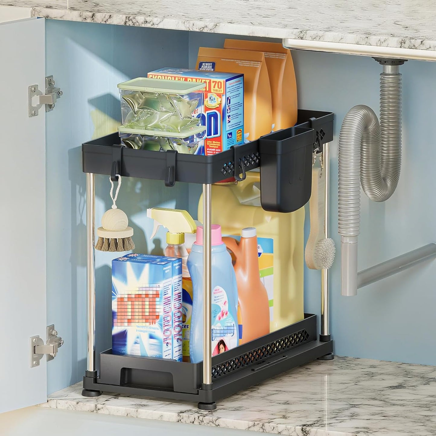 Under Sink Organizer, 2 Tier Pull Out Cabinet Organizer with Hooks Hanging Cup, Easy Installation & Rust-resistant, Multi-Purpose Storage Shelf for Kitchen Bathroom Pantry (Black,1 Pack)