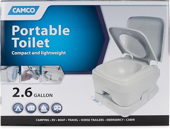 Camco 2.6-Gallon Portable Toilet - Features Detachable Holding Tank w/Sealing Slide Valve & Bellow-Type Flush - Easy Transport w/Compact Lightweight Design & Carry Handle - Gray (41531)