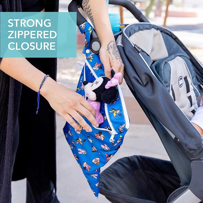 Bumkins Disney Waterproof Wet Dry Bag for Baby, Travel, Swimsuit, Cloth Diapers, Pump Parts, Pool, Beach, Gym Clothes, Toiletry, Hook to Stroller, Daycare, Zip Reusable Wetdry, Mickey and Friends Blue