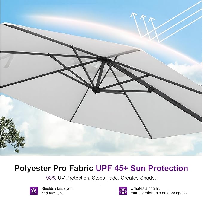 PURPLE LEAF 10 Feet Patio Umbrella with Base Outdoor Cantilever Round Umbrella Aluminum Offset Umbrella with 360-degree Rotation for Garden Deck Pool Patio Light White