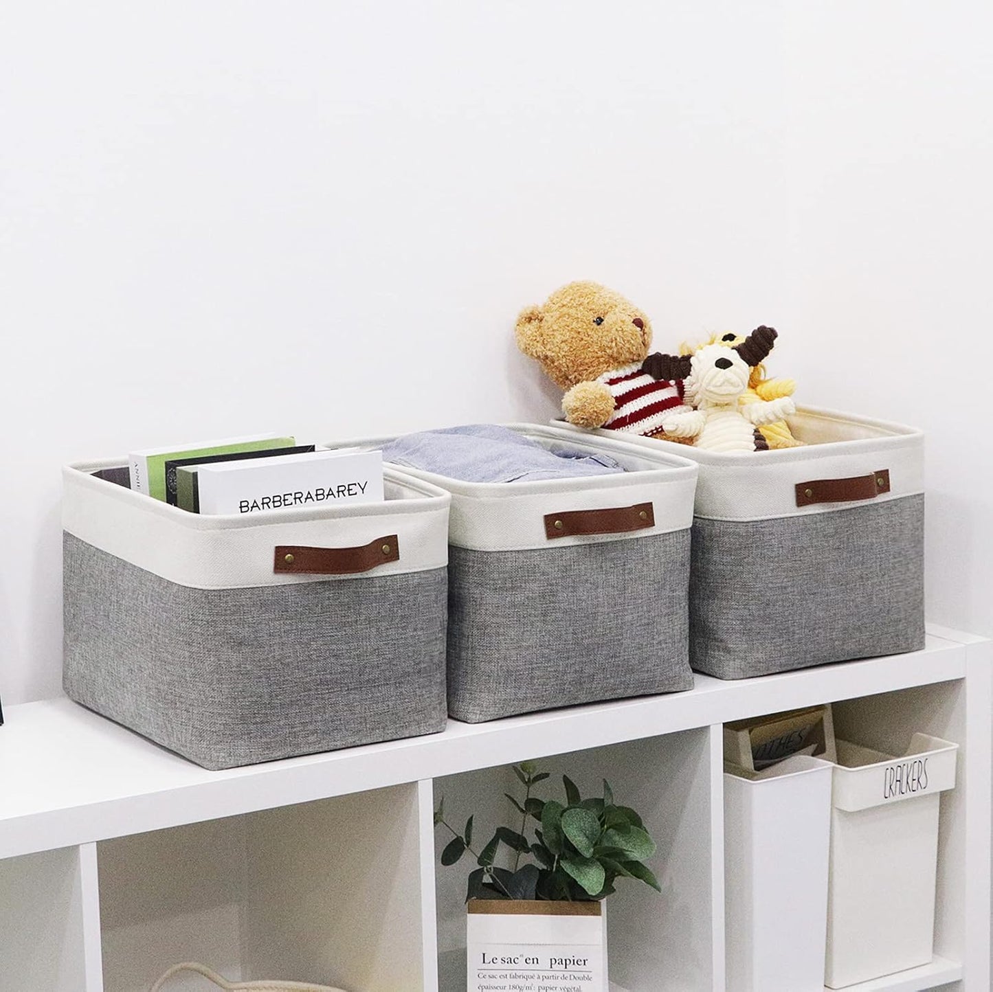 HNZIGE Fabric Storage Baskets for Shelves(3 Pack) Large Collapsible Storage Baskets for Organizing, Decorative Baskets Bins Set with Handles for Closet, Clothes, Toy(White&Gray,15" x 11" x 9.5")