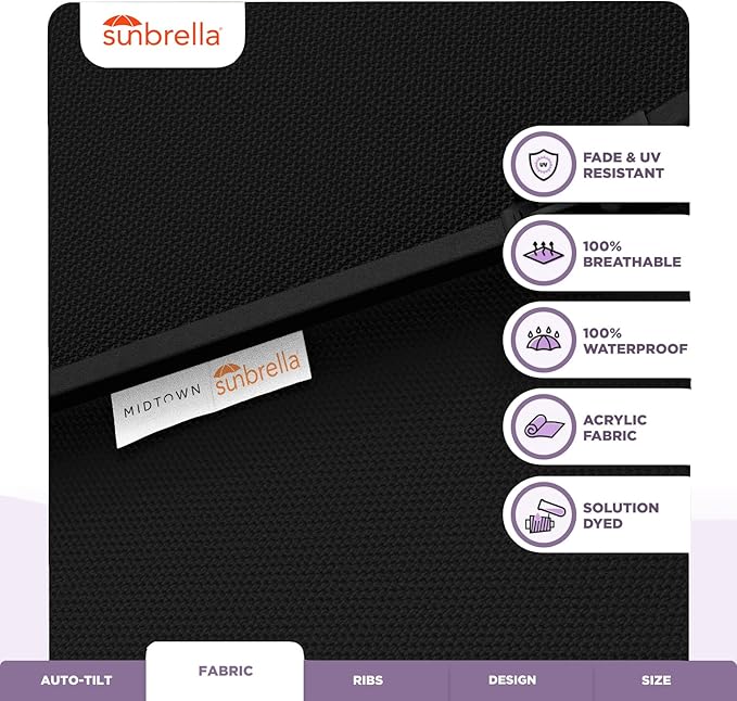 Midtown Umbrellas Sunbrella Umbrella 8 Feet Outdoor Umbrella With Sunbrella Black Acrylic Fabric - Auto-Tilt Aluminum Frame Patio Umbrella For Backyard, Deck, Garden, Pool - Black Pole