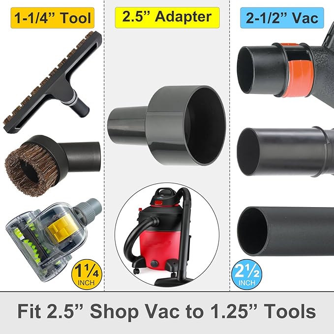 Hardwood Brush Vacuum Attachment for 1 1/4" 2 1/2" Shopvac Wet Dry Vacs, Horsehair Bristles Parquet Nozzle, 12" Shop Vac Floorhead Accessory (1.25" Hard Floor Head & 2.5" Vac Hose Adapter)