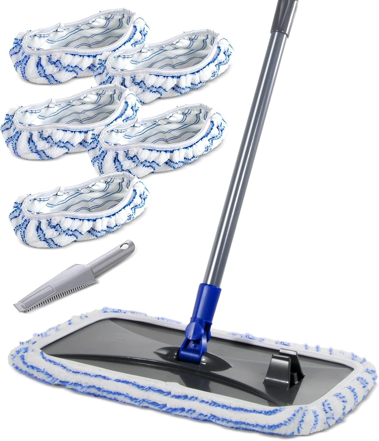 Masthome Extra Large Microfiber Mop for Floor Cleaning, 16“ Flat Mop with 5 Pad for Wet & Dry Use, Dust Mop for Hardwood Laminate Tile Ceramic, 1 Cleaning Scraper Included-Blue