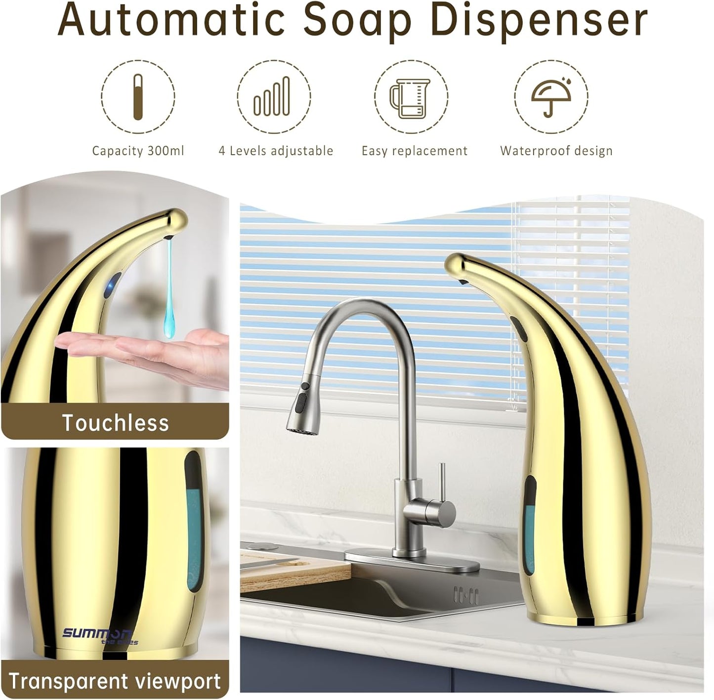 Automatic Liquid Soap Dispenser,300ML Touchless 4 Gear Adjustable,Countertop Electric Battery Operated Gold Hand Soap Dispenser with Sensor for Bathroom,Kitchen,Office