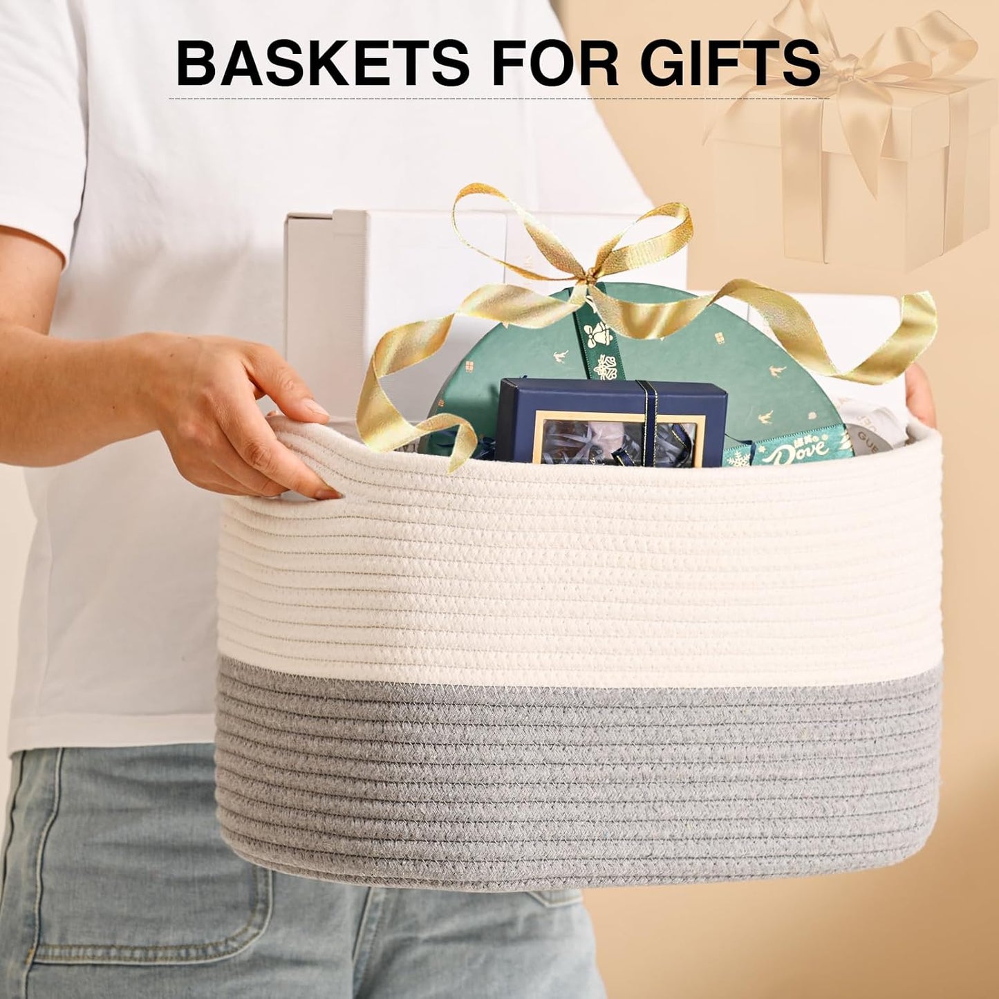 Woven Cotton Rope Storage Basket for Organizing, Cute Decorative Baskets for Gifts Empty, Organizer Bins for Dog Toy, Baby Laundry, 15“×11”×9.5“, Off White & Grey
