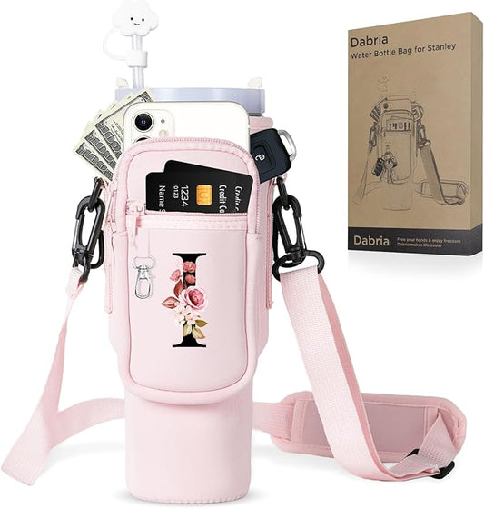 dabria Initial A-Z Water Bottle Bag with Phone Pocket for Stanley 40 oz Tumbler Neoprene Water Bottle Holder Pouch with Adjustable Strap Bollus with Straw Cover & Carabiner for Stanley Cup Accessories