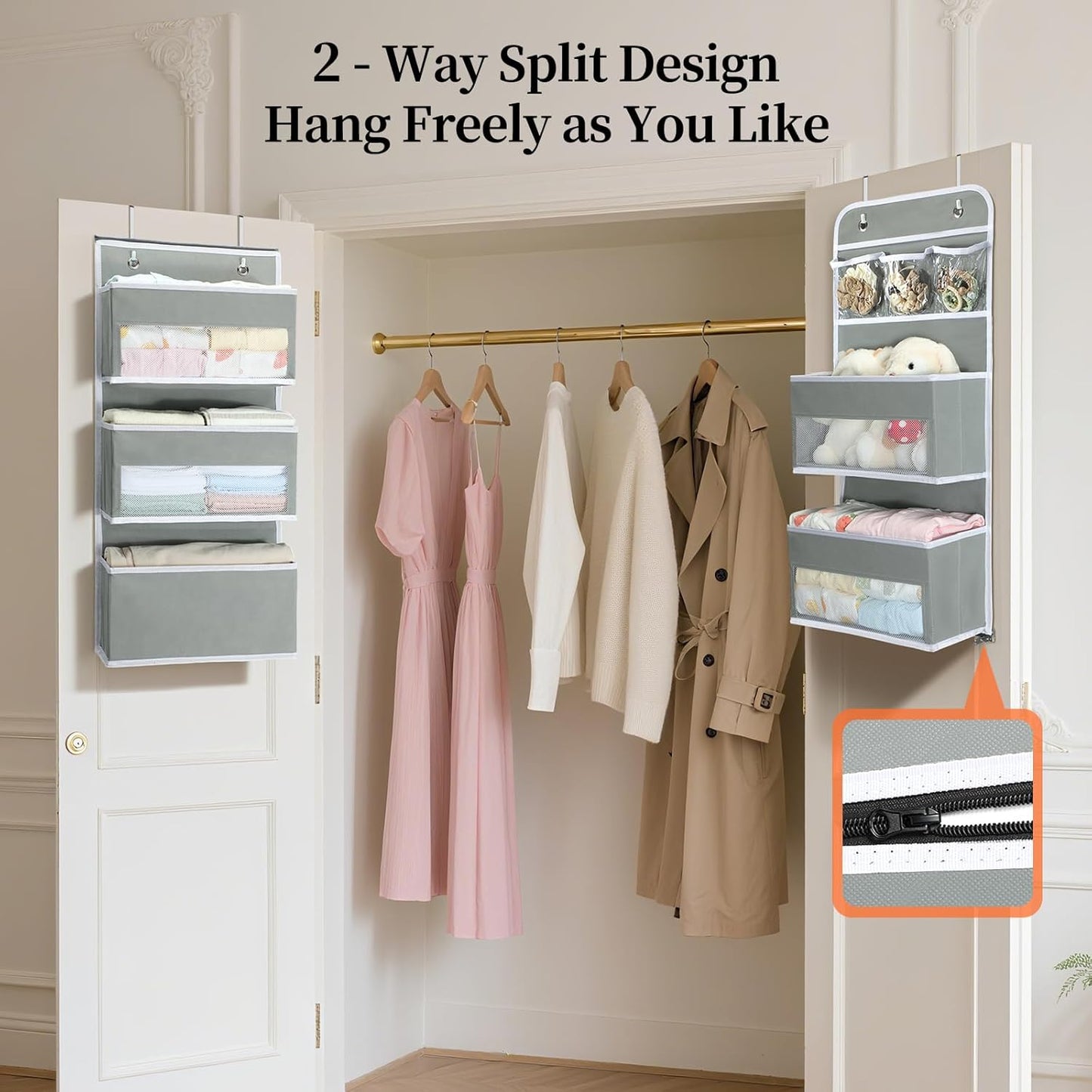 LAMU 6-Tier Over The Door Organizer, Swing - Proof Closet Door Organizer, Flexible 1 Split into 2 Over The Door Storage Organizer for Nursery, Bathroom, Bedroom, Grey, 5 x 14 x 61in