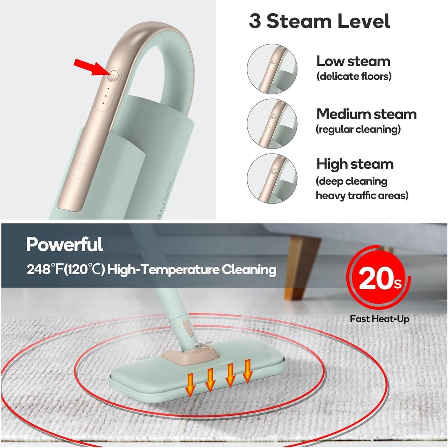 Newbealer Steam Mop & Detachable Handheld Cleaner, 250ml 1200W Powerful Floor Steamer, 3 Adjustable Levels for Carpet Laminate Hardwood Grout, Carpet Glider, 7 Multi-purpose Accessories & 2 Pads