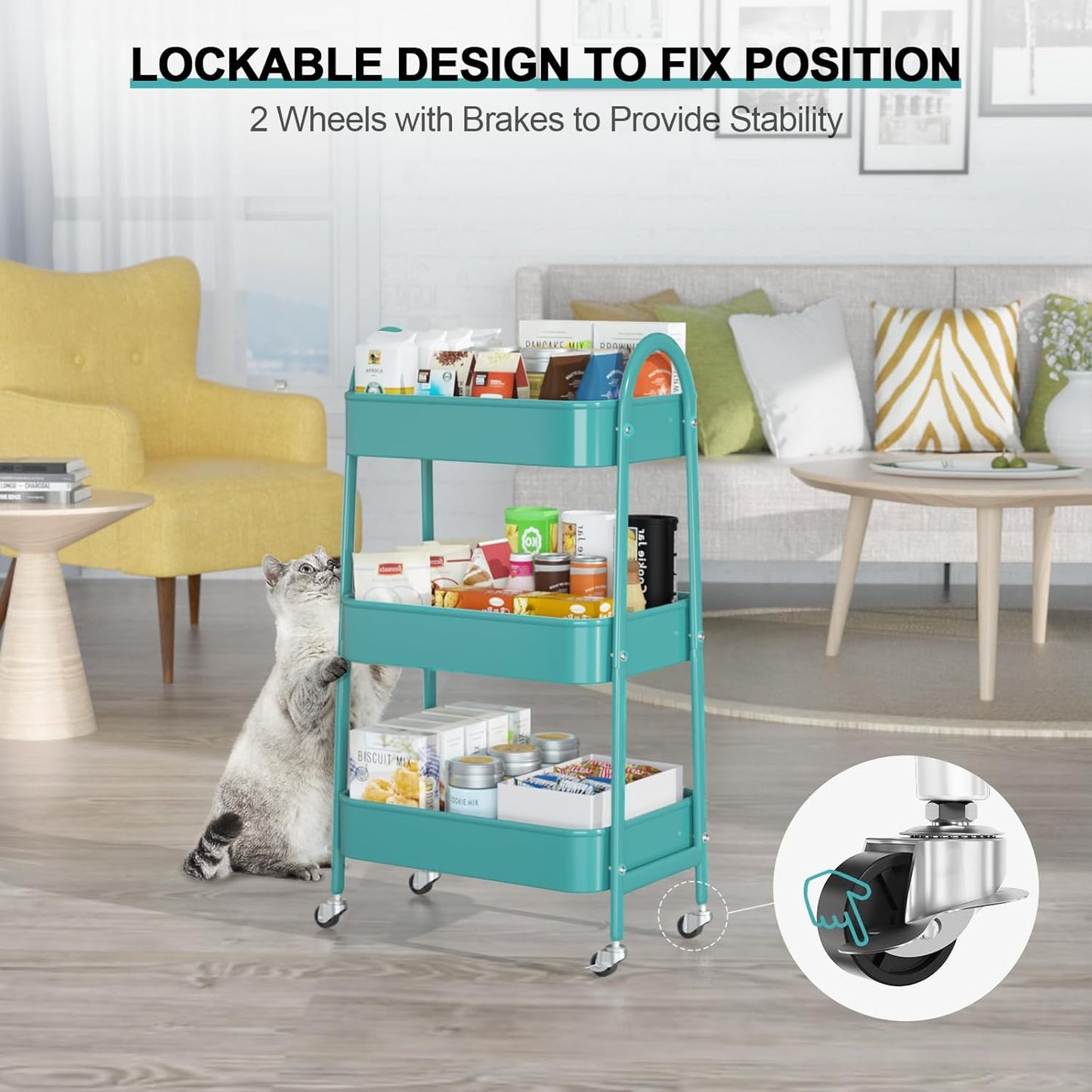 EAGMAK 3 Tier Utility Rolling Cart, Metal Storage Cart with Handle and Lockable Wheels, Multifunctional Storage Organizer Trolley with Mesh Baskets for Kitchen, Living Room, Office, Garage (Turquoise)