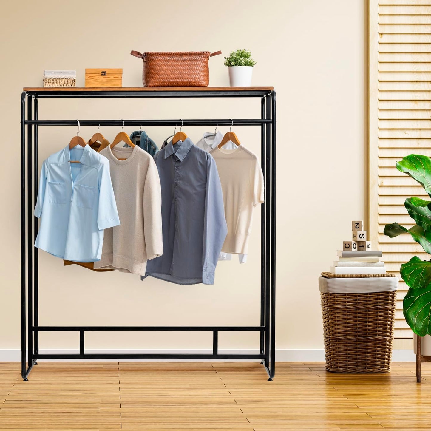 MyGift Dual Clothing Rack, Commercial Urban Black Metal Freestanding Large Garment Rack with Burnt Solid Wood Top Storage Shelf, Heavy Duty Double Rod Clothes Rack