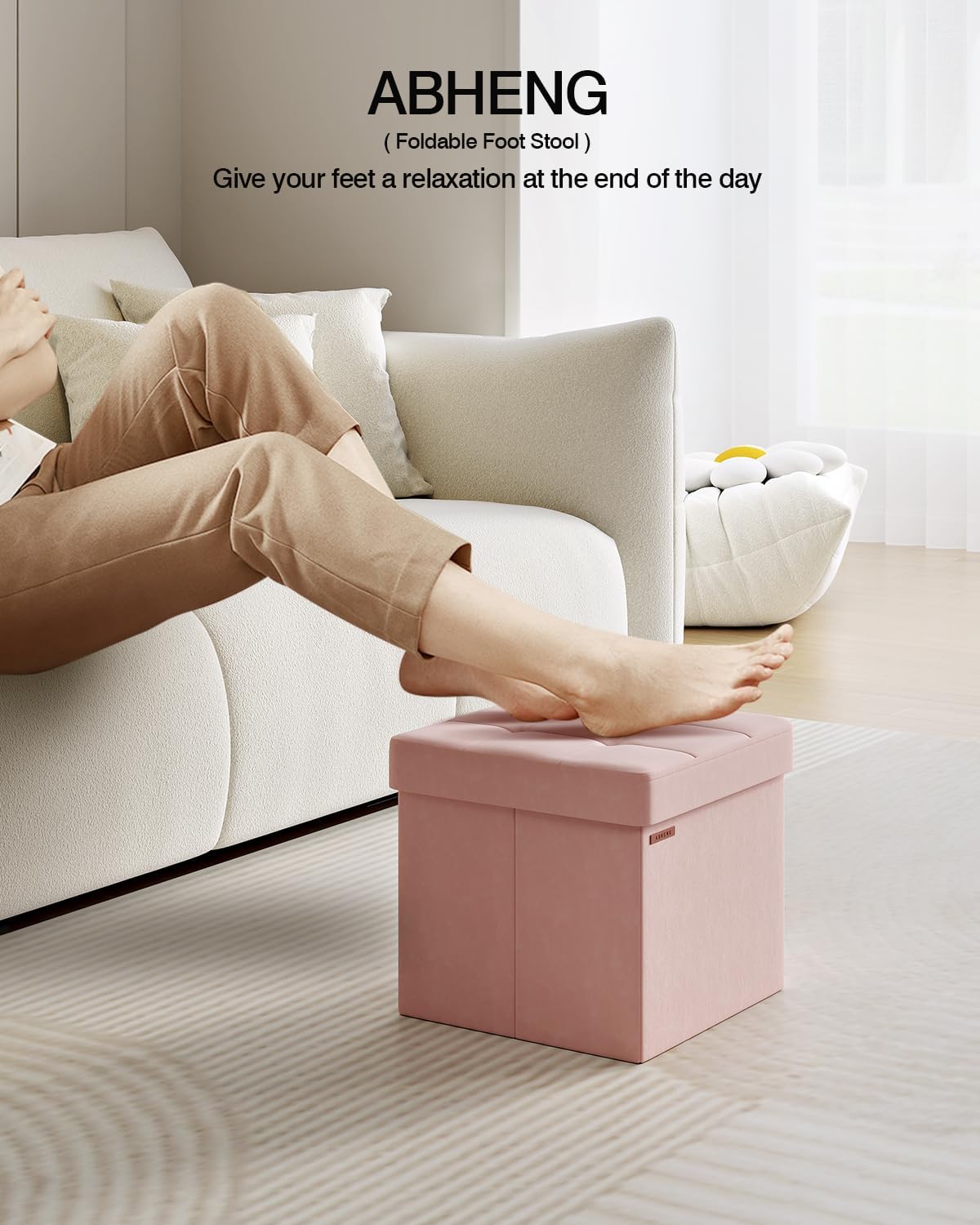 Folding Storage Ottoman, Velvet Storage Bench, Footrest, Footstool, for Living Room, Bedroom and Office,15 x 15 x 15 Inches, 300 kg Load Capacity,Jelly Pink,UASND04P