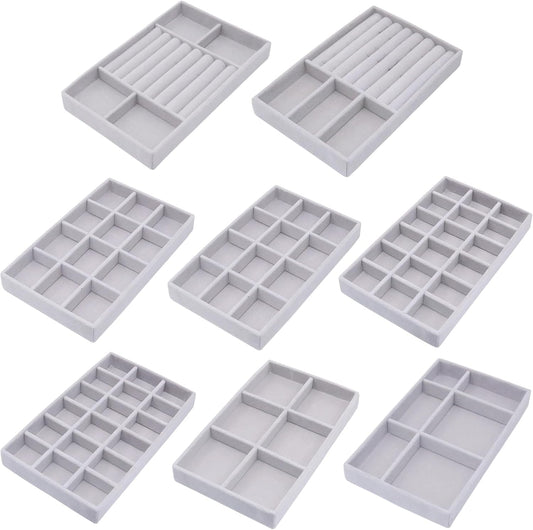 Jewelry Storage 8PACK, Velvet Jewelry Organizer Trays, 4PCS Stackable Jewelry Tray for Drawers, Grey Organizer for Rings, Earrings, Necklaces, Watches, Bracelets, Brooches