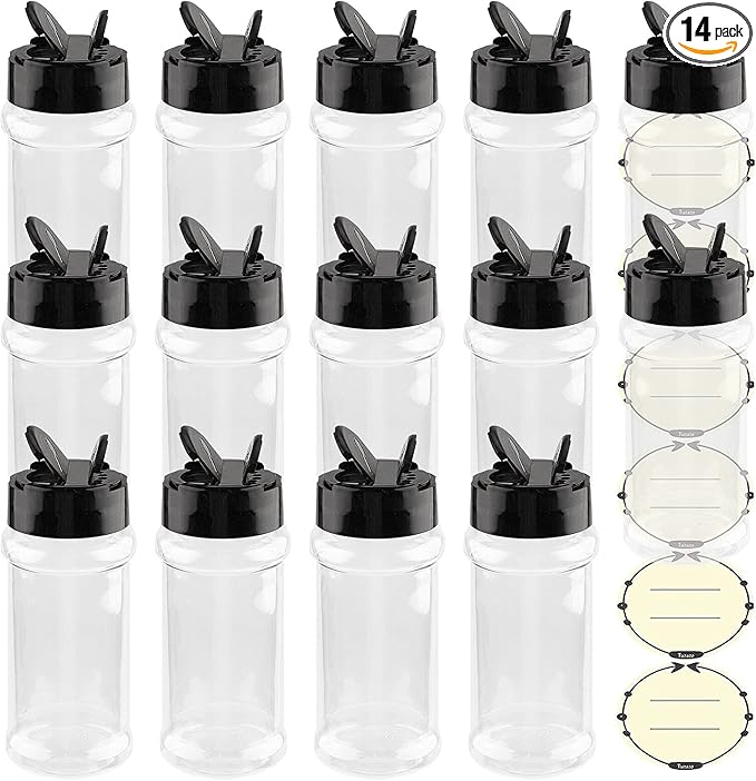 TUZAZO 3 oz Plastic Spice Jars with Shaker Lids and Labels, 14 Pcs Clear Empty Spice Bottles Seasoning Containers for Spice, Herbs and Seasoning Powders