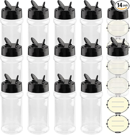 TUZAZO 3 oz Plastic Spice Jars with Shaker Lids and Labels, 14 Pcs Clear Empty Spice Bottles Seasoning Containers for Spice, Herbs and Seasoning Powders