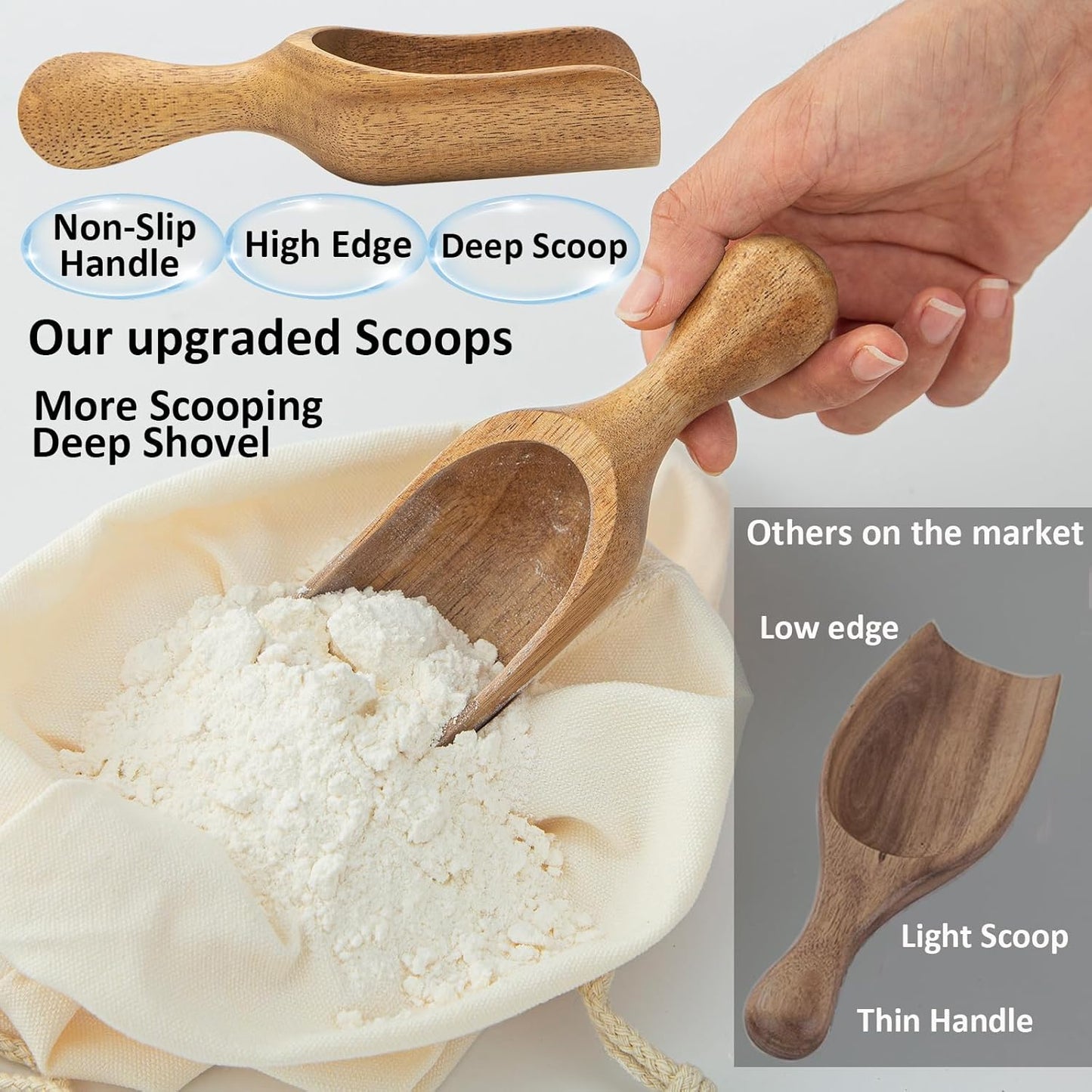 Big Coffee Scoop Shovel, 2pcs Wooden Scoop for Jars, Large Ground Coffee Scoop 5.9″ Measuring Spoons for Coffee Scoops, Tea, Powder- Multifunctional Kitchen Scoop for Bath Salts,Laundry (Acacia Wood)