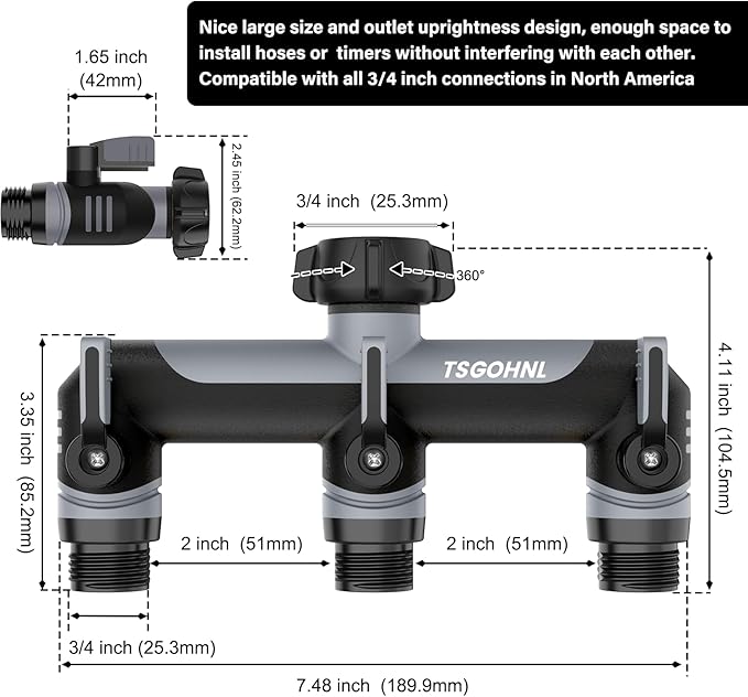 Garden Hose Splitter, 3/4-Inch Hose Manifold, Outdoor Faucet Adapter - Soft TPR Covering - Lightweight Non-Slip Sun-Resistant 3-Way Valve（Gray）