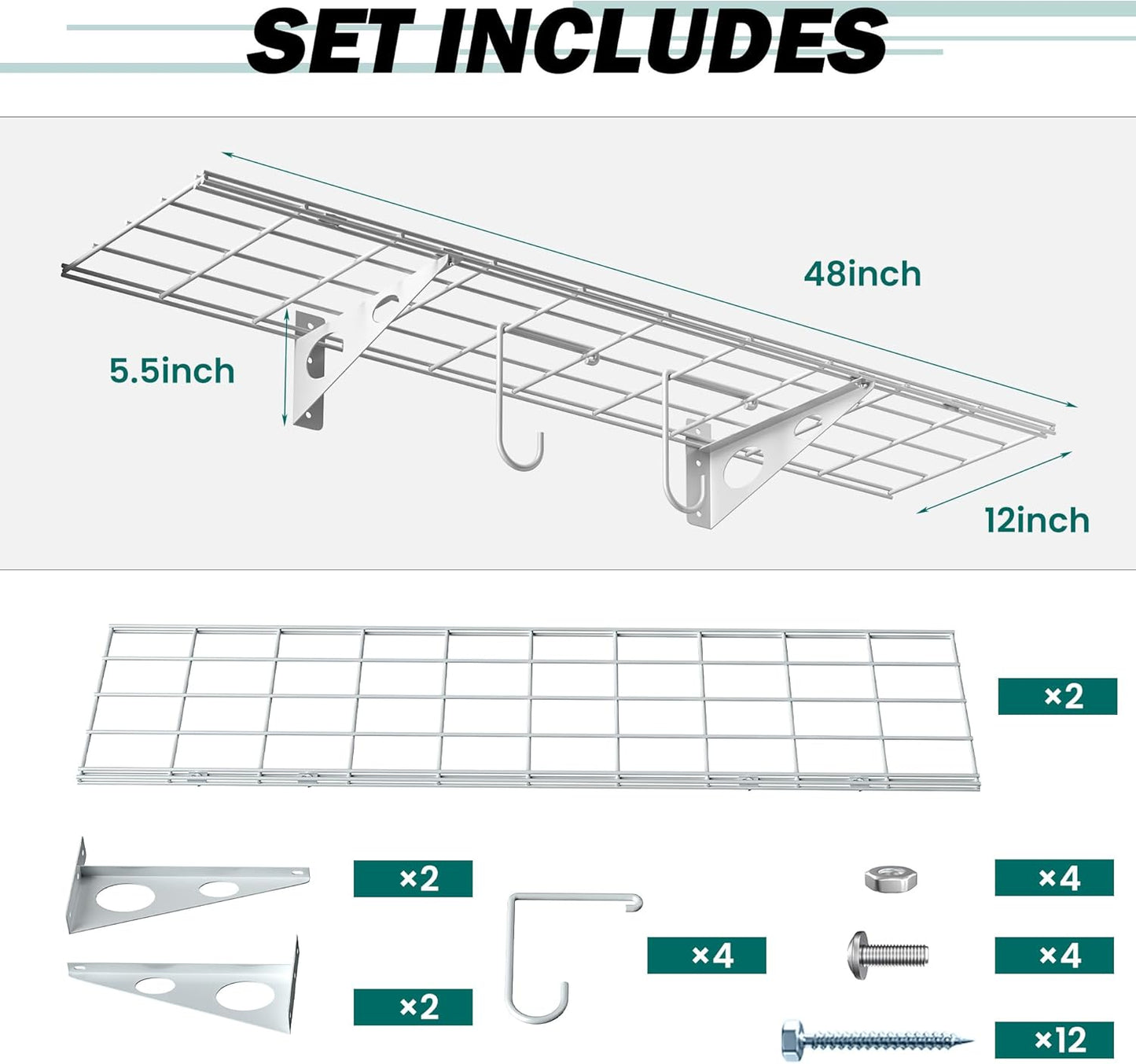 EVERHANGER Garage Wall Shelves, 12 X 48 Inch Wall Mounted Storage Shelves, Heavy Duty Metal Shelving with Hooks, 2 Pack, White