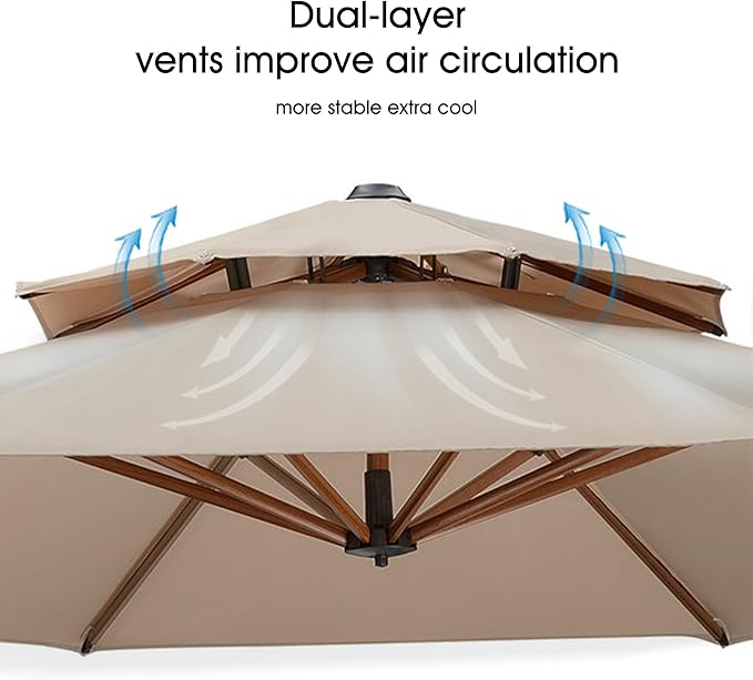 PURPLE LEAF 10' X 13' Double Top Deluxe Wood Pattern Rectangle Patio Umbrella with Base Offset Hanging Umbrella Outdoor Market Umbrella Garden Umbrella, Beige