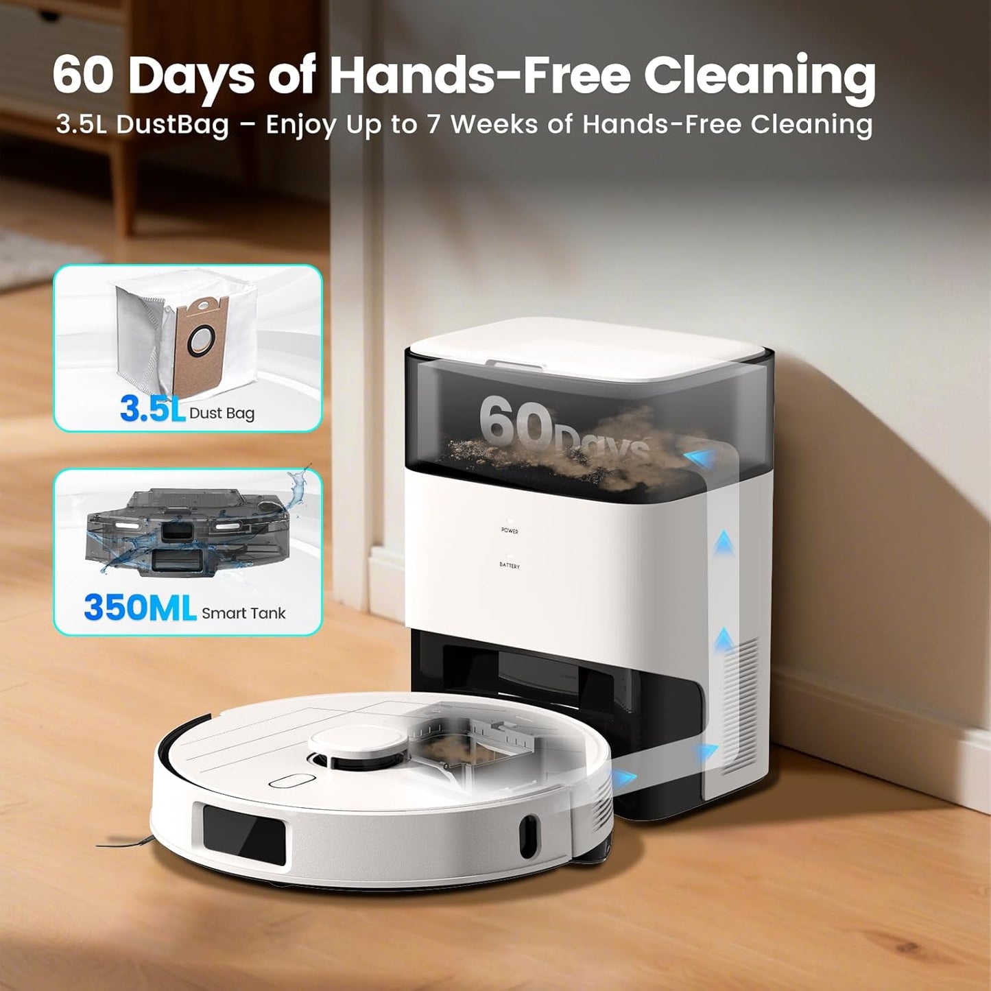 AIRROBO T30+ Robot Vacuum and Mop, Self-Emptying, 6000PA Suction, Proactive Intelligence Avoidance, APP ＆ Voice Control, LiDAR Navigation, Perfect for Pet Hair, Hard Floor,Carpet