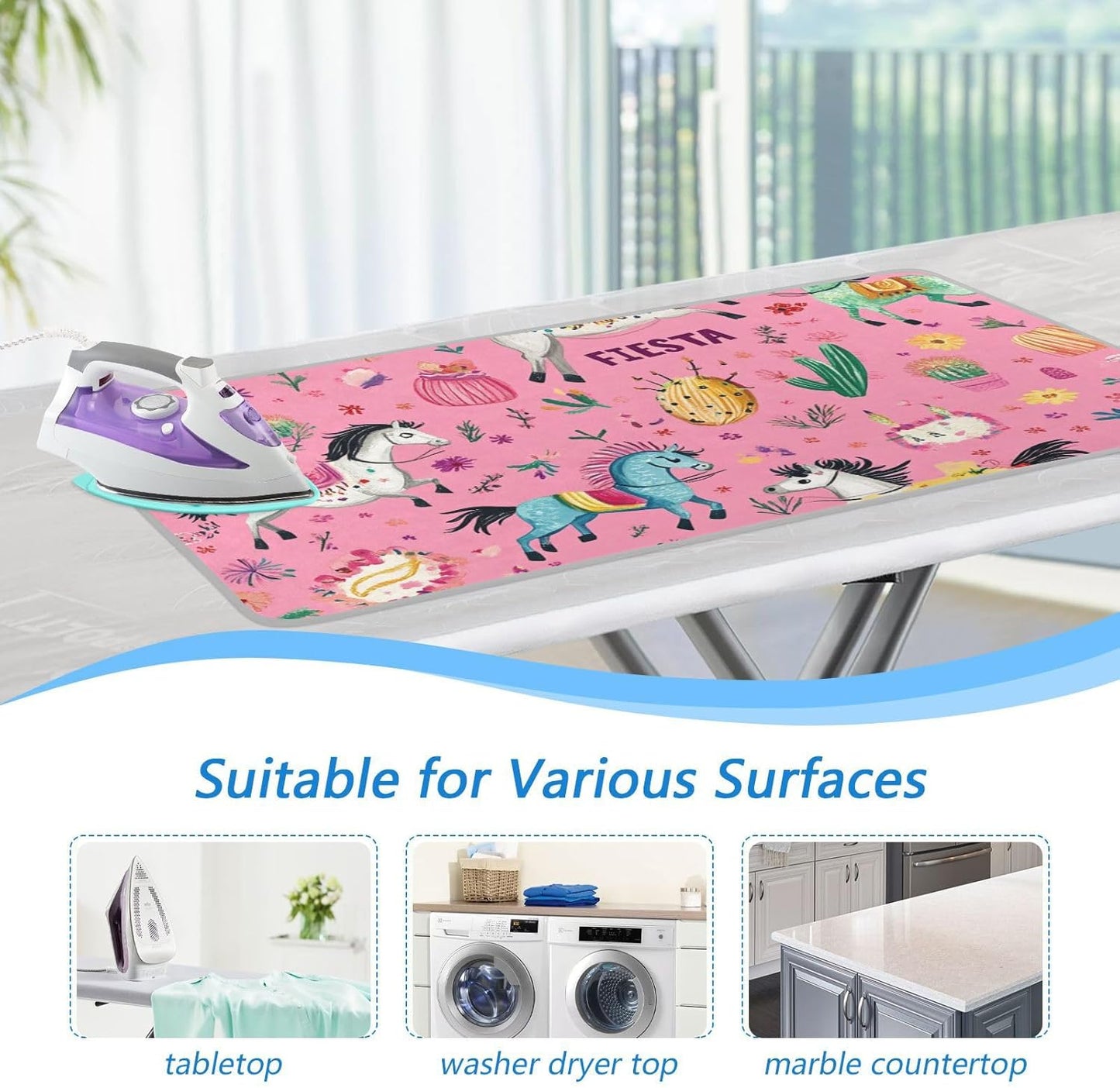Ironing Mat Portable Ironing Pad Ironing Blanket for Table Top Heat Resistance Double-Side Using Travel Large 47.2 x 27.6 Inch Foldable Lightweight Pink Fiesta Horses Cacti Skulls